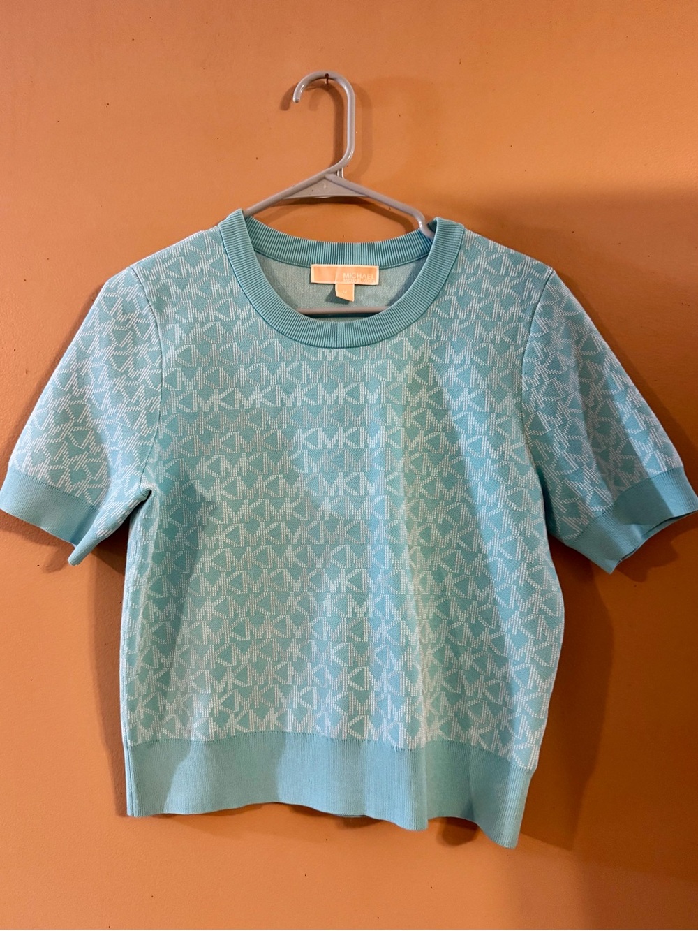 Michael Kors Aqua Logo Jacquard Short Sleeve Knit Top